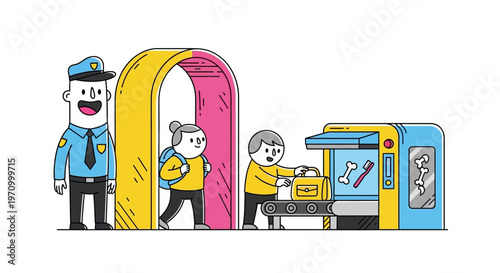Travelers pass through a security checkpoint with baggage screening.