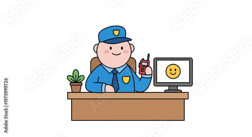 Cartoon security guard at desk with walkie talkie and computer