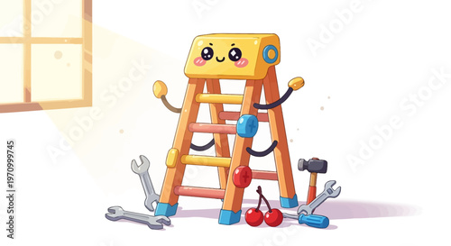 Cute cartoon step ladder with tools in a bright room.