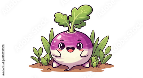 Cute cartoon turnip character smiling in a garden