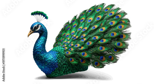 Vibrant peacock with majestic feather display on white background.