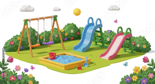 Children's playground with slides, swings, and sandbox.