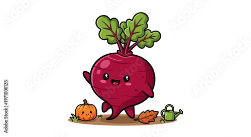 Cheerful Beetroot Character Strolling with Pumpkin and Watering Can.