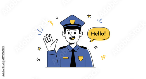 Friendly police officer waving and saying hello in a welcoming gesture.