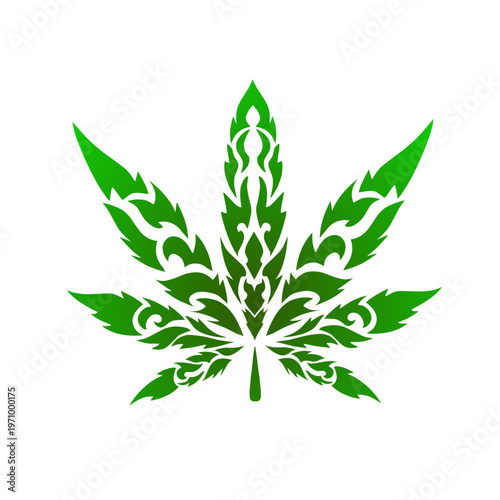 Ornamental green cannabis marijuana leaf with tribal pattern