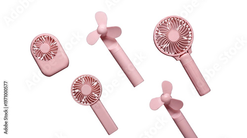 Foto Set of scattered pink portable handheld fans isolated on transparent background