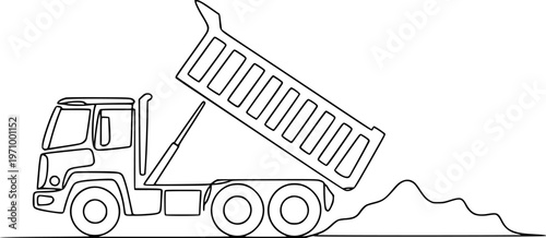 Black and white line dump truck unloading dirt a white background vehicle transport