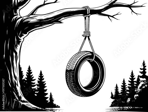 Black and white of a tire swing hanging from a tree branch in a forest setting rope