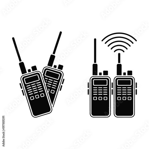 A set of black and white walkie talkies with antennas