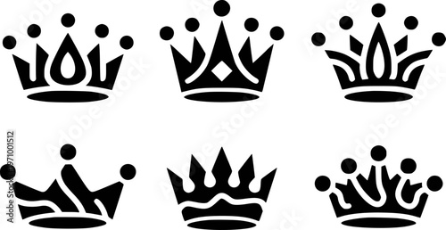 Black Crown Royal Symbols Set Isolated White Background king queen