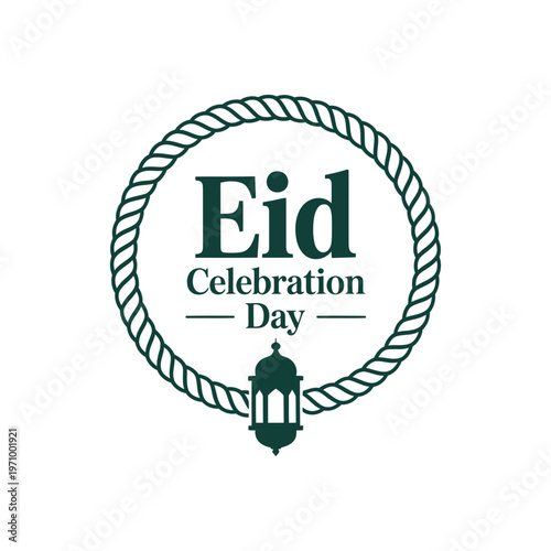 A circular logo with a rope border features the text 'Eid Celebration Day' in the center, with a lantern graphic below.