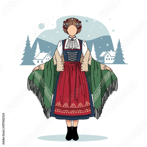 Woman in Traditional Norwegian Bunad Dress with Winter Village Background