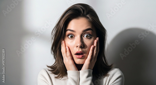 A shocked brunette teenager with a surprised expression holds one hand to her mouth in a studio portrait of a young woman