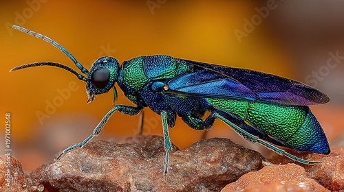 Macro Close-Up of Iridescent Cuckoo Wasp (Chrysididae) with Metallic Blue-Green Exoskeleton Perched on Rocky Terrain, Wild Outdoor Insect Wildlife Detail Shot