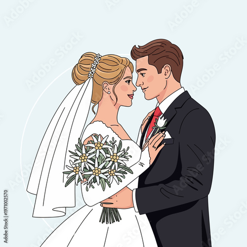 Bride and groom embracing, wedding day, romantic couple portrait