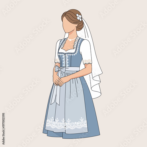 Bride in Blue Dirndl Wedding Dress with Veil