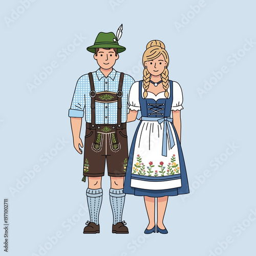 Couple in Traditional Bavarian Lederhosen and Dirndl