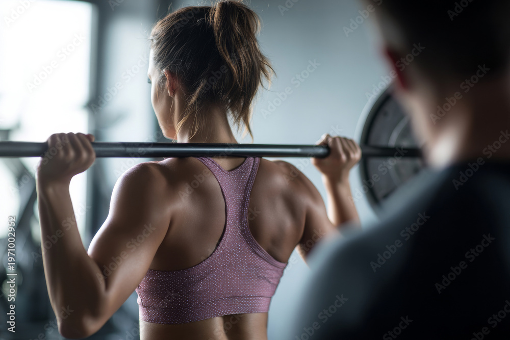Fototapeta premium Medium back shot of a young woman lifting light barbell in home fitness space, short sporty outfit, defined muscles, friend spotting her from front, bright clean interior,