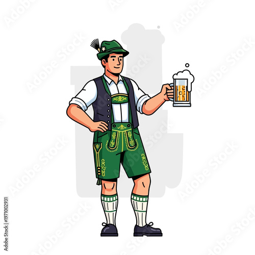 Man in Lederhosen holding a beer mug, Oktoberfest celebration