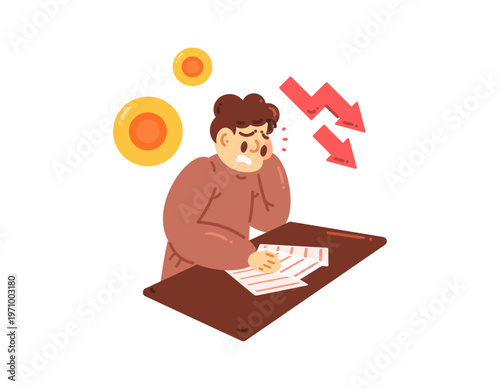 Illustration of a man looking panicked and stressed due to financial problems. Deteriorating financial condition. Business losses and failure. Flat style character illustration. White background.