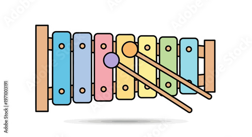 Colorful xylophone with wooden mallets.