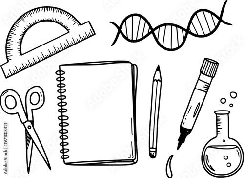 Hand Drawn Science and School Supplies Featuring D N A Helix Protractor Scissors Notebook Pencil Marker and Flask