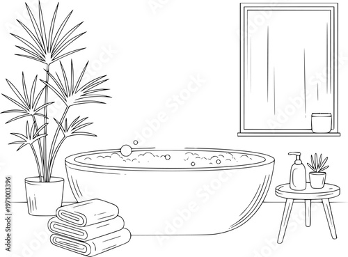 Line of a bubble bath with stacked towels and a potted plant bathroom bathtub