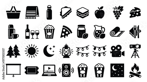 Εκτύπωση καμβά Outdoor movie night picnic icons set