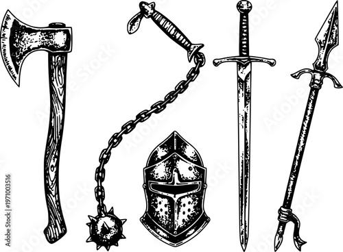 Medieval battle axe mace sword helmet and spear collection