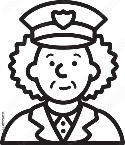Hand Drawn Elderly Female Police Officer Black and White Illustration in Minimal Line Art Style Design