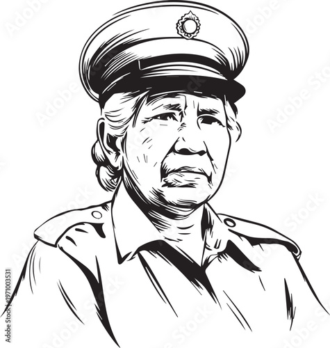 Hand Drawn Elderly Female Police Officer Black and White Illustration in Minimal Line Art Style Design