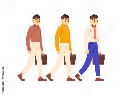 Illustration of a handsome man walking to work. Collection of outfits for going to work. Holding a briefcase. Cool, minimalist, casual, stylish, lifestyle. Flat style character illustration