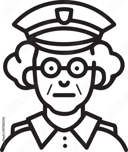 Hand Drawn Elderly Female Police Officer Black and White Illustration in Minimal Line Art Style Design
