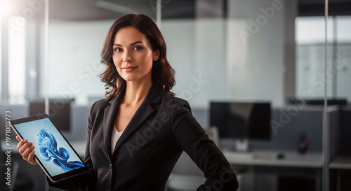 Confident Businesswoman with Tablet: A poised businesswoman stands confidently, holding a digital tablet with a modern office setting in the background.