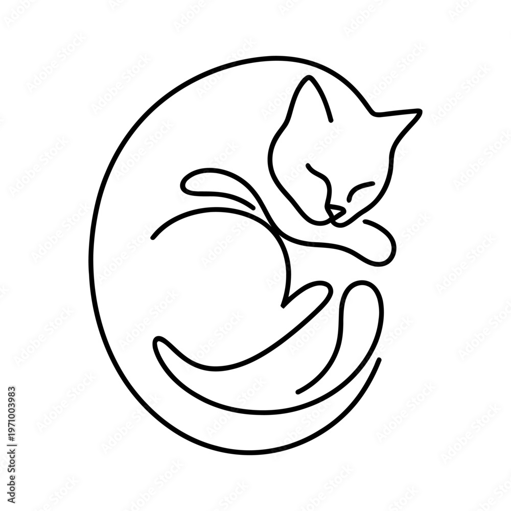 Fototapeta premium Simple continuous line drawing of a cute sleeping cat
