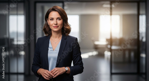 Confidence in the Corporate Realm: A poised businesswoman exudes confidence, standing gracefully in a modern office, her presence reflecting ambition and professionalism.