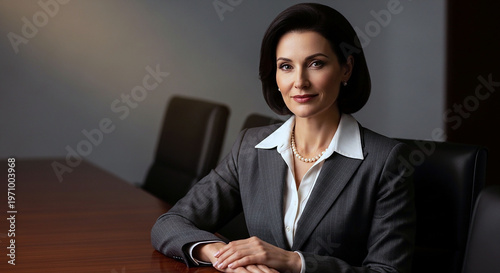 Executive Portrait of Confidence: A sophisticated woman, exuding power and poise, sits confidently at a boardroom table. The image portrays leadership and expertise.