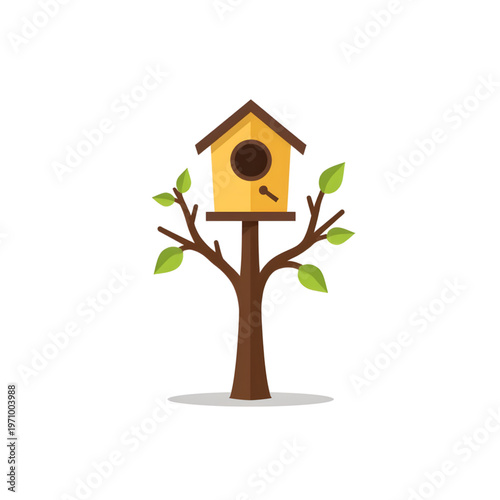 Stylish birdhouse perched on minimal tree, nature concept