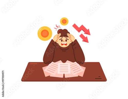 Illustration of a man looking panicked and stressed due to financial problems. Deteriorating financial condition. Business losses and failure. Flat style character illustration. White background.