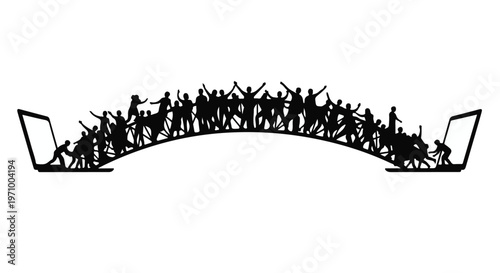 Black silhouette of people cheering on a laptop screen