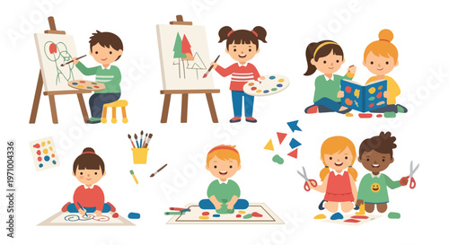 A collection of diverse young children participating in various creative arts and crafts activities like painting on easels and drawing on the floor.