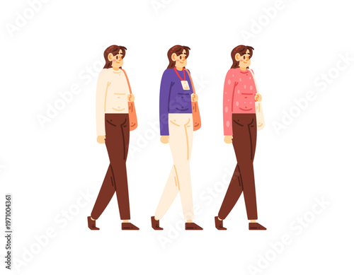 Illustration of a beautiful, tall girl walking to work. A collection of outfits for going to work. Holding a briefcase. Cool, minimalist, casual, stylish, lifestyle. Flat style character illustration