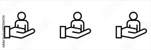 Three Outline Icons of Hands Offering a Human Figure Symbolizing Help and Assistance person