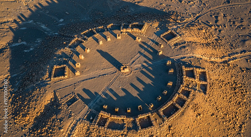 Ancient Puebloan Village Ruins Aerial View at Sunrise, Chaco Canyon, New Mexico