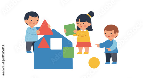 Three adorable kids enjoy learning and playing together with colorful geometric shapes and a blue toy house in this bright vector illustration.