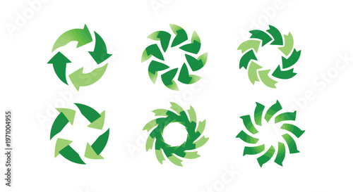 Creative green recycling and sustainability symbol variations in circular designs