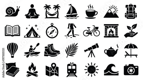 Collection of travel and leisure icons representing outdoor activities relaxation and adventure