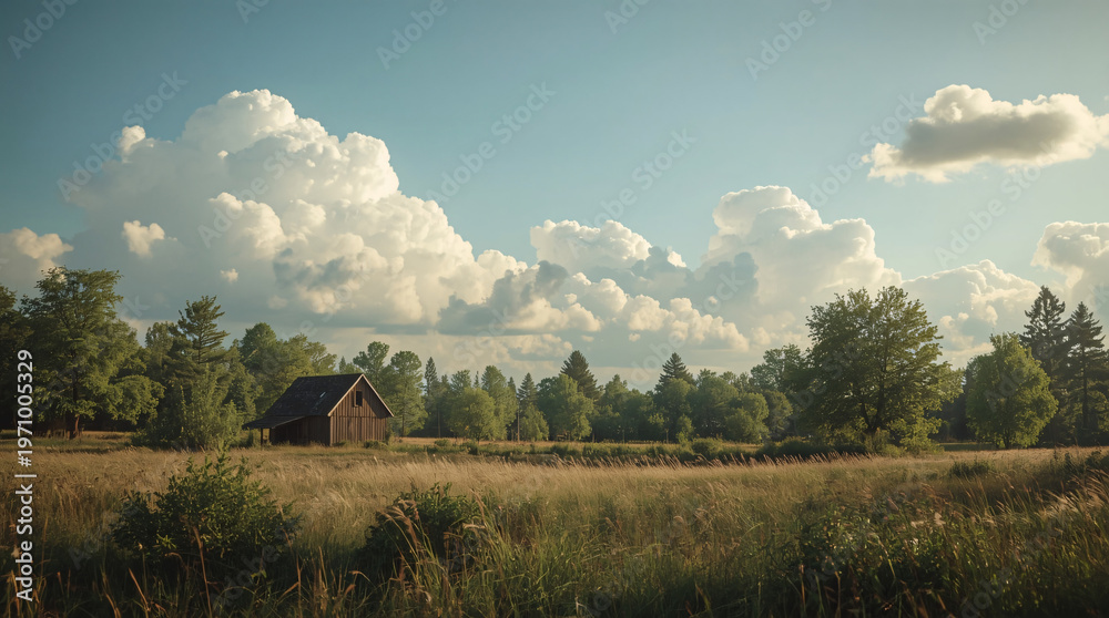 Fototapeta premium Tranquil Countryside View: Secluded Wooden Cabin in a Meadow with Majestic Dramatic Clouds