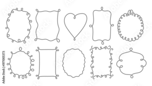 Whimsical rope frames with nautical knots and braided borders. Vector set of circular and rectangular sailor decorations for maritime design projects.