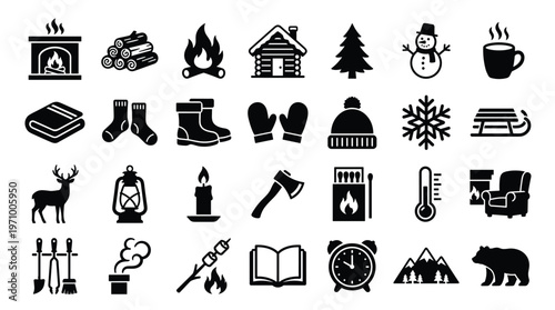 Cozy Winter Icons Collection Set Cozy Cabin Fireplace Snowman Hot Drink Sled Deer Lantern Candle Axe Matchbox Thermometer Armchair Firewood Boots Mittens Hat Snowflake Book Alarm Clock Mountains Bear
